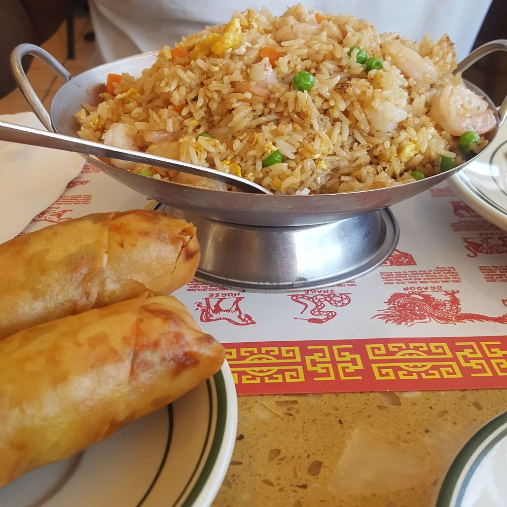 Canton Chinese Restaurant - Shrimp fried rice $8.50 and 2 massive egg rolls $1.00 each - Chinese Near Me - Richardson, Texas