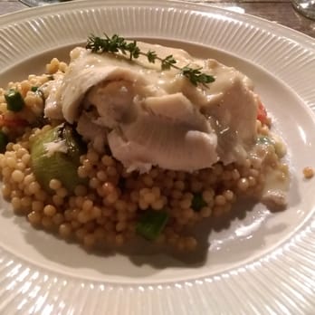 Richard's Brick Oven Pizza - March 2015 Harvest Dinner:  Shrimp-stuffed Trout served atop a savory bed of Israeli Couscous - Pizza Near Me - Franklin, Indiana