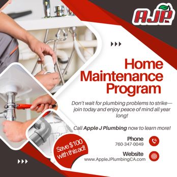 Apple J Plumbing - Protect your home and save money with our comprehensive Home Maintenance Program! - Plumbing Near Me - Palm Desert, California Apple J Plumbing - Protect your home and save money with our comprehensive Home Maintenance Program! - Plumbing Near Me - Palm Desert, California