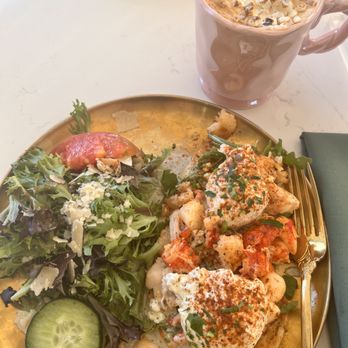 Sugar and Scribe - Butter Poached Lobster Benedict - Salad, Toasted Marshmallow Latte - Bakeries Near Me - La Jolla, California Sugar and Scribe - Butter Poached Lobster Benedict - Salad, Toasted Marshmallow Latte - Bakeries Near Me - La Jolla, California