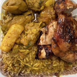 Tropical Jerk - Curry chicken, jerk chicken, rice and peas
