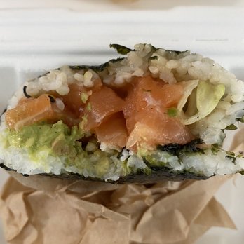 Pokeworks - Poke burrito with 2 orders of salmon, 1 shrimp, double surimi salad. Where's the shrimp and surimi salad? - Hawaiian Near Me - Mountain View, California