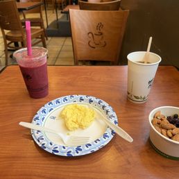 Berry smoothie, steel cut oatmeal, coffee and eggs Berry smoothie, steel cut oatmeal, coffee and eggs