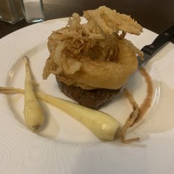 Downshire Arms - 8oz fillet steak with tobacco and French fried onions and roasted parsnips. Pepper sauce on the side. Perfect.