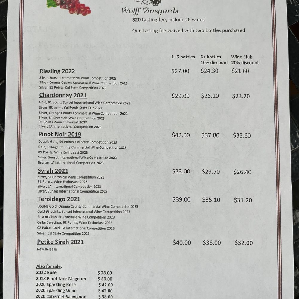 Wolff Vineyards - Wine menu - Wineries Near Me - San Luis Obispo, California Wolff Vineyards - Wine menu - Wineries Near Me - San Luis Obispo, California