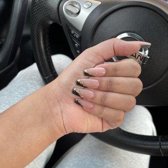 Oasis Nail Spa - Full set acrylic manicure with gold foil designs - Nail Salons Near Me - Pearland, Texas Oasis Nail Spa - Full set acrylic manicure with gold foil designs - Nail Salons Near Me - Pearland, Texas