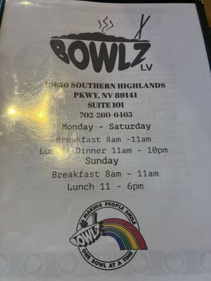 Menu photo 1 Bowlz Las Vegas, NV