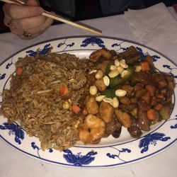 Szechuan Triple Delight with beef, shrimp, and chicken (Luncheon Special).