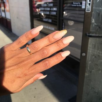Spring Nails - Almond round tip neutral nude nails with gold foil overlay. - Nail Salons Near Me - Fremont, California