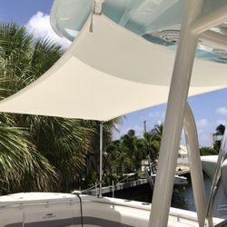 Atlantic Marine Canvas - 22' Cobia Bow Sunshade in Stamoid White Marine Fabric and Custom Made S. S. Poles.