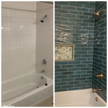 AR Remodeling Group - Before/after of shower. Niche is beautiful. - Side-by-side images of bathroom showers, one with white square tiles and the other with blue subway tiles and a hexagonal niche. - General Contractors Near Me - Chicago , Illinois