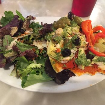 The Café - Open-faced Mediterranean sandwich with chicken and the side salad. - Sandwiches Near Me - Trinidad, Colorado