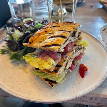 Tribe at Riverwalk - Their club sandwich on flatbread with a side salad - New American Near Me - Castle Rock, Colorado Tribe at Riverwalk - Their club sandwich on flatbread with a side salad - New American Near Me - Castle Rock, Colorado