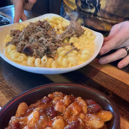 Mac & Cheese pulled pork bowl w/ baked beans as side