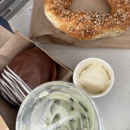 Matcha latte, Everything 'Cragel', Boston Cream Matcha latte, Everything 'Cragel', Boston Cream