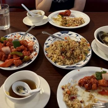 Lucky Wok House - From Left to Right: Cashew Chicken(L)腰果鸡, Sweet & Sour Pork(L) 咕咾肉, Fried Rice, Wonton Soup - Chinese Near Me - Scotts Valley, California