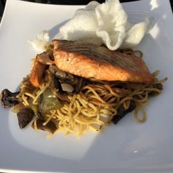Three Merry Lads - Soy salmon over noodles and mixed vegetables