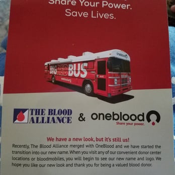 OneBlood West Jacksonville Donor Center - Flyer about the change from The Blood Alliance to One Blood. - Blood & Plasma Donation Centers Near Me - Jacksonville, Florida OneBlood West Jacksonville Donor Center - Flyer about the change from The Blood Alliance to One Blood. - Blood & Plasma Donation Centers Near Me - Jacksonville, Florida