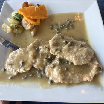Tony’s Open Kitchen by Scotto - Gooey Veal Piccata with under seasoned brussel sprouts, potatoes, and mushy sweet potatoes - Pizza Near Me - Cranbury, New Jersey