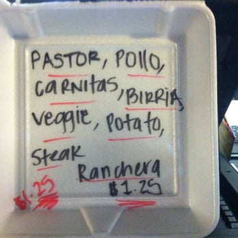 Taco Bar - Taco Tuesday menu options written on a styrofoam container lid and posted at register. Hey, it works! - Mexican Near Me - San Marcos, California Taco Bar - Taco Tuesday menu options written on a styrofoam container lid and posted at register. Hey, it works! - Mexican Near Me - San Marcos, California