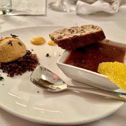 eatMOSAIC - Sour cherry creme brulee - orange-pistachio biscotti, pumpkin spice gelato, cocoa-bacon-nut crumble, orange, thyme