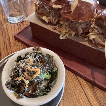 Whiskey Cake - Three Little Pigs (Pulled Pork Sliders) and a side of Brussels Sprouts. - New American Near Me - San Antonio, Texas Whiskey Cake - Three Little Pigs (Pulled Pork Sliders) and a side of Brussels Sprouts. - New American Near Me - San Antonio, Texas