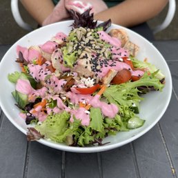 a plate of salad with dressing