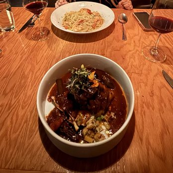 Bettola Bistro - Braised short rib over a 4 cheese lasagna, and shrimp scampi! - Italian Near Me - Denver, Colorado