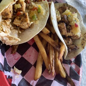 Islander Food Shack - Two fresh grouper tacos with fries - Seafood Near Me - Pensacola, Florida