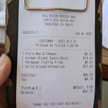 Big Basin Burger Bar - Small lunch for 2 adults, 2 kids. $59.39 total with tax/tip. Mon Labor Day lunch 2024-09-02 - Burgers Near Me - Saratoga, California Big Basin Burger Bar - Small lunch for 2 adults, 2 kids. $59.39 total with tax/tip. Mon Labor Day lunch 2024-09-02 - Burgers Near Me - Saratoga, California