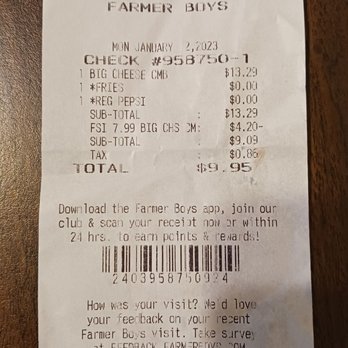 Farmer Boys - Receipt of transaction. - Breakfast & Brunch Near Me - Northridge, California Farmer Boys - Receipt of transaction. - Breakfast & Brunch Near Me - Northridge, California