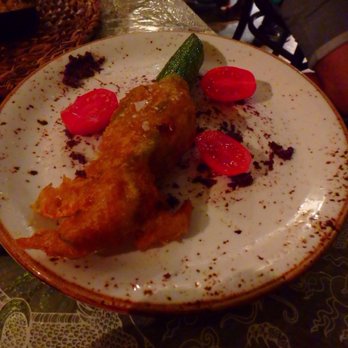 Somorrostro - Goat cheese stuffed zucchini flowers- not our favorite - Catalan Near Me - Barcelona, B Somorrostro - Goat cheese stuffed zucchini flowers- not our favorite - Catalan Near Me - Barcelona, B