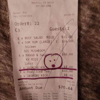 Mai Thai - Receipt of highway robbery on steam rice - Thai Near Me - Benicia, California Mai Thai - Receipt of highway robbery on steam rice - Thai Near Me - Benicia, California