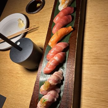 Katami - (Bottom - top)   - Seared toro, otoro, smoked salmon, churro and amaebi with uni. - Sushi Bars Near Me - Houston, Texas