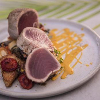 Soigne Maui - Ahi, Roasted Vegetables, Coconut Mango Emulsion - Personal Chefs Near Me - Kahului, Hawaii Soigne Maui - Ahi, Roasted Vegetables, Coconut Mango Emulsion - Personal Chefs Near Me - Kahului, Hawaii
