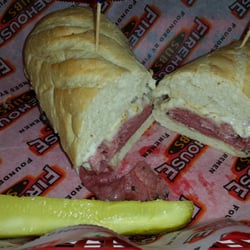Firehouse Subs - New York Steamer - Corned beef brisket, pastrami, melted provolone, deli mustard, mayo, and Italian dressing.