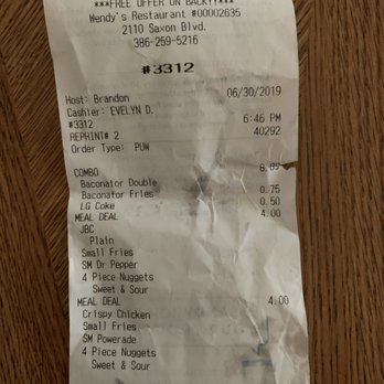 Wendy's - the receipt for the restaurant - Burgers Near Me - Deltona, Florida