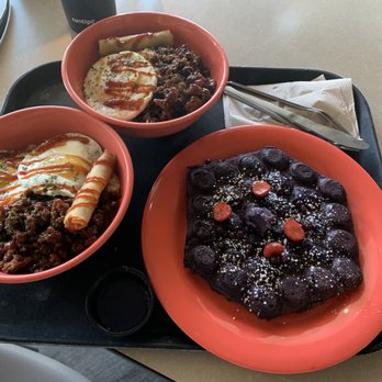 Egg Karne - Longanisa Silog Breakfast Bowl and Ube Waffle- Purple Yam, sweet and nutty - Breakfast & Brunch Near Me - Herndon, Virginia