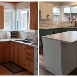 Barnes Noble Co - Small cabin budget friendly kitchen reno adding tile, island, and cabinetry updates.