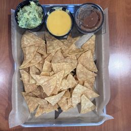 Chip sampler with guacamole, melted cheese and salsa picante. Chip sampler with guacamole, melted cheese and salsa picante.