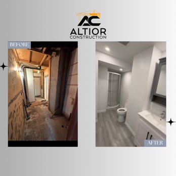 Altior Construction - Full bathroom rebuild from exposed structure to clean, modern space with shower, vanity, and precise finishes. - General Contractors Near Me