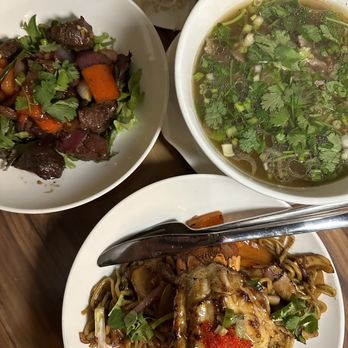 La Moon - Lobster Garlic Noodles($36), Shaken Beef($29), Pho Tai($18) - Vietnamese Near Me - Atlanta, Georgia