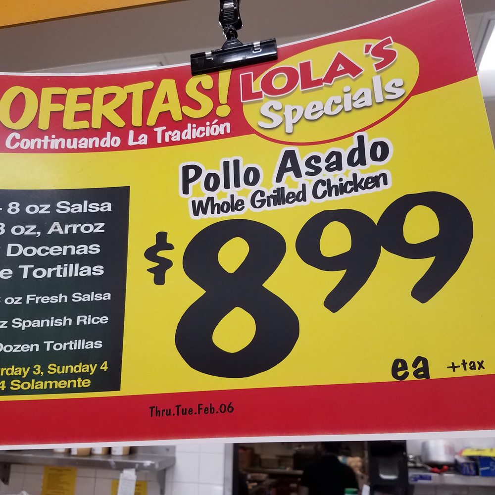 Lola's Market - Whole grilled chicken special. Includes 8 oz salsa of your choice, 8 oz rice, and 2 dozen tortillas. - Grocery Near Me - Santa Rosa, California Lola's Market - Whole grilled chicken special. Includes 8 oz salsa of your choice, 8 oz rice, and 2 dozen tortillas. - Grocery Near Me - Santa Rosa, California