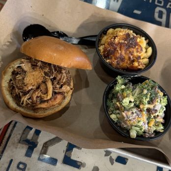 Mission BBQ - Pulled pork sandwich, Mac and cheese, broccoli salad - Barbeque Near Me - Naples, Florida