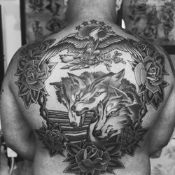 Seattle Tattoo Emporium - Pharoah's Wolves back piece from Jimmy the Saintt