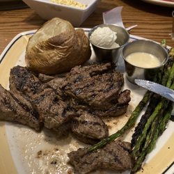 99 Restaurants - 16 ounce broiled steak tips with Dijon asparagus and baked potato