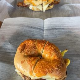 Sausage egg and cheese on cheddar bagel, bacon egg and cheese with jalapeño cream cheese on a jalapeño and cheese bagel