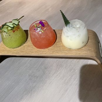 Cantina Monarca - Margarita Flight starting from left to right ($25)  (Spicy Pepino, Mamacita, Piña Niña) - Cocktail Bars Near Me - Bellevue, Washington