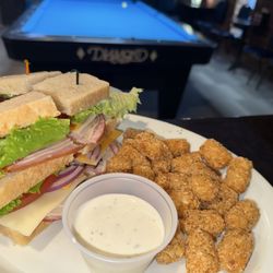 Mac Club Sandwich w/ Tots & Ranch  Diamond Pool Tables in Background