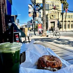 5th Ave Bagelry - Green Juice 3. Turkey-Bacon on cheddar bagel